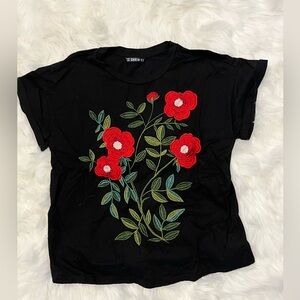 SHEIN black and red rose embroidered tshirt